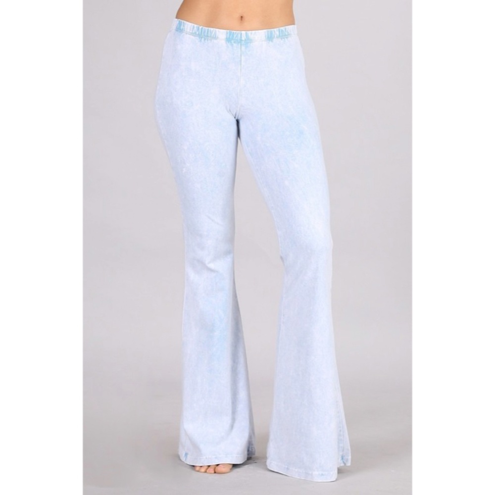 Light Powder Blue Boho Mineral Wash Stretch Flared Bell Bottom Casual Pants - Picture 2 of 6